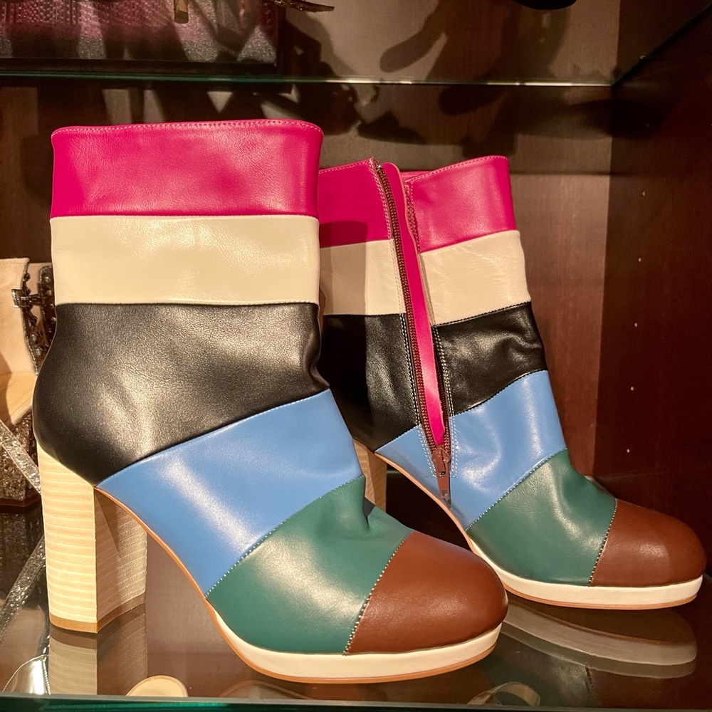 Valentino Striped Multicolor Leather Booties Sz 39